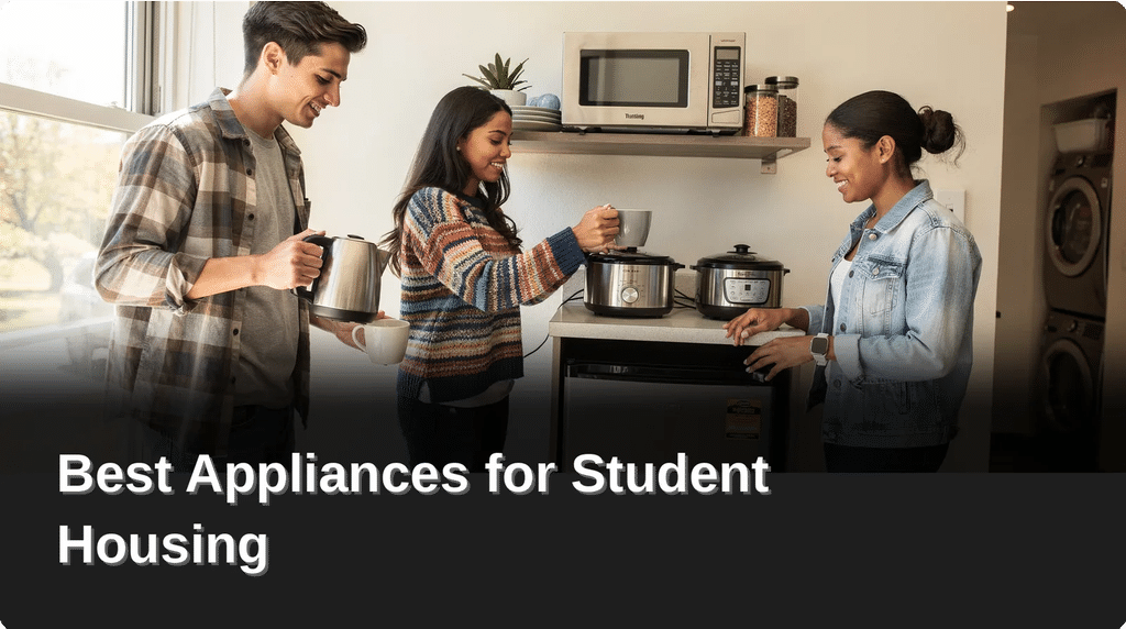 Three students using a kettle, multi-cookers and a microwave in a student housing kitchen